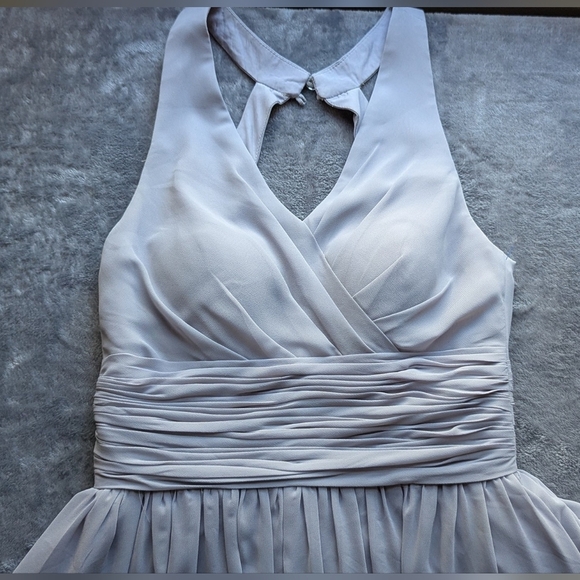 Azazie Dusty Blue Bridesmaid Dress Size A0 A-Line Pleated Chiffon Formal Gown - Picture 3 of 13